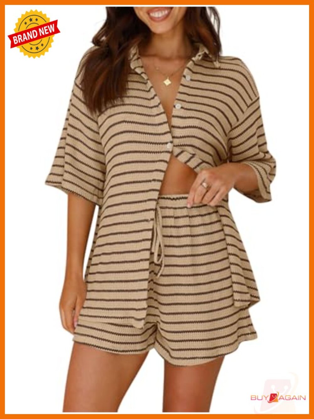 Waffle Knit Striped 2 Piece Lounge Set Button Down Shirt & Shorts